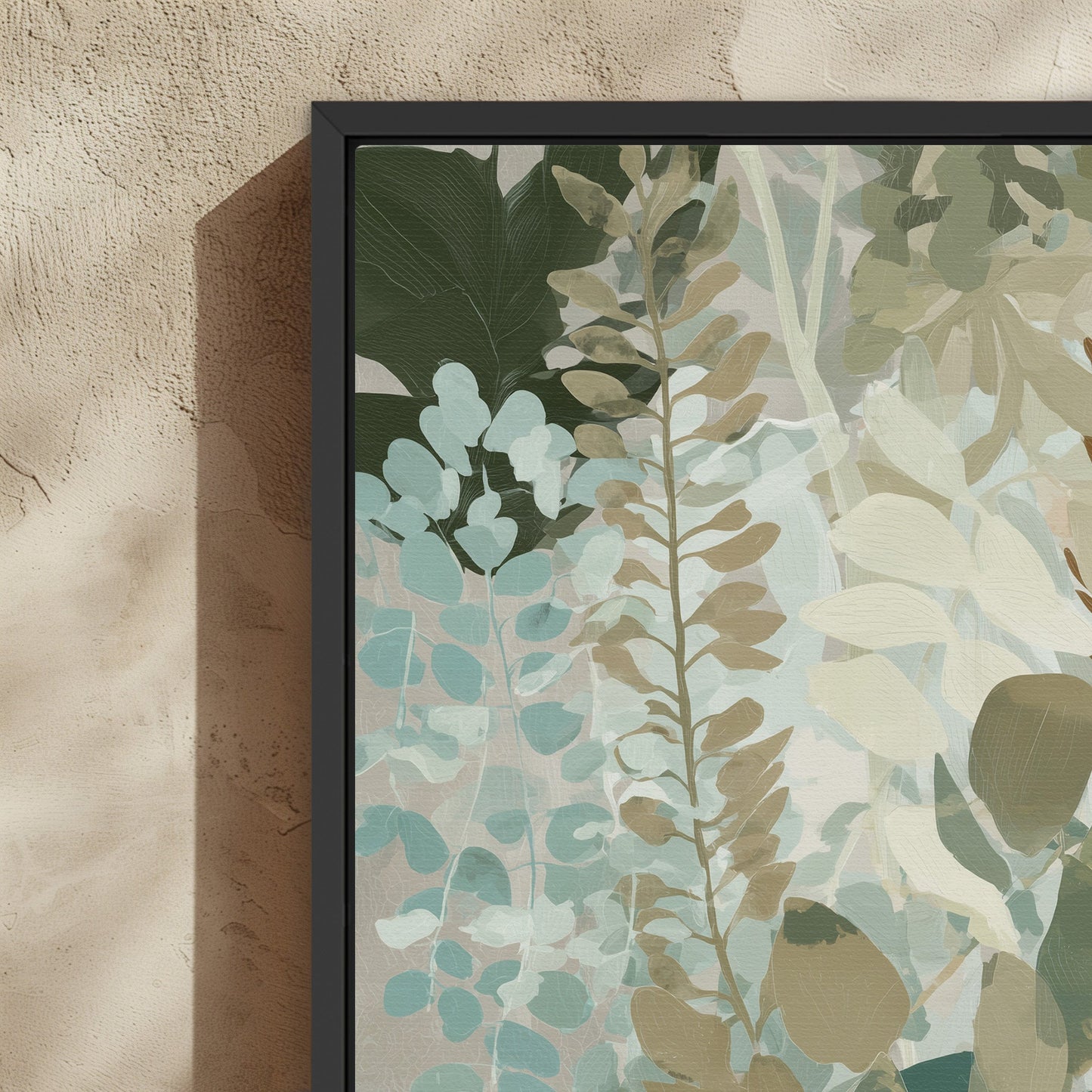 Herba Canvas Print with soft botanical forms in sage, sea-green, and golden beige tones in black frame