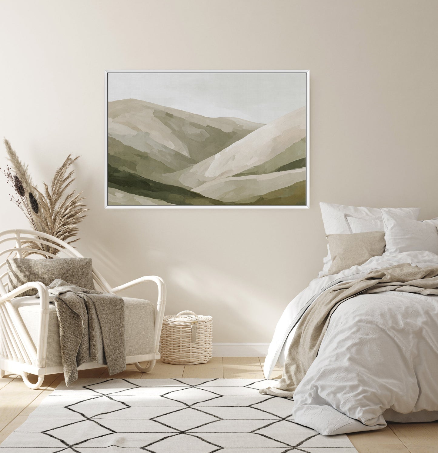 Olive Hills canvas print with layered olive and taupe hills in neutral bedroom setting