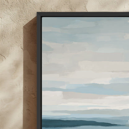 Lapse Canvas Print featuring soft blue, ivory, and sand tones in a serene sea and sky abstract with black frame