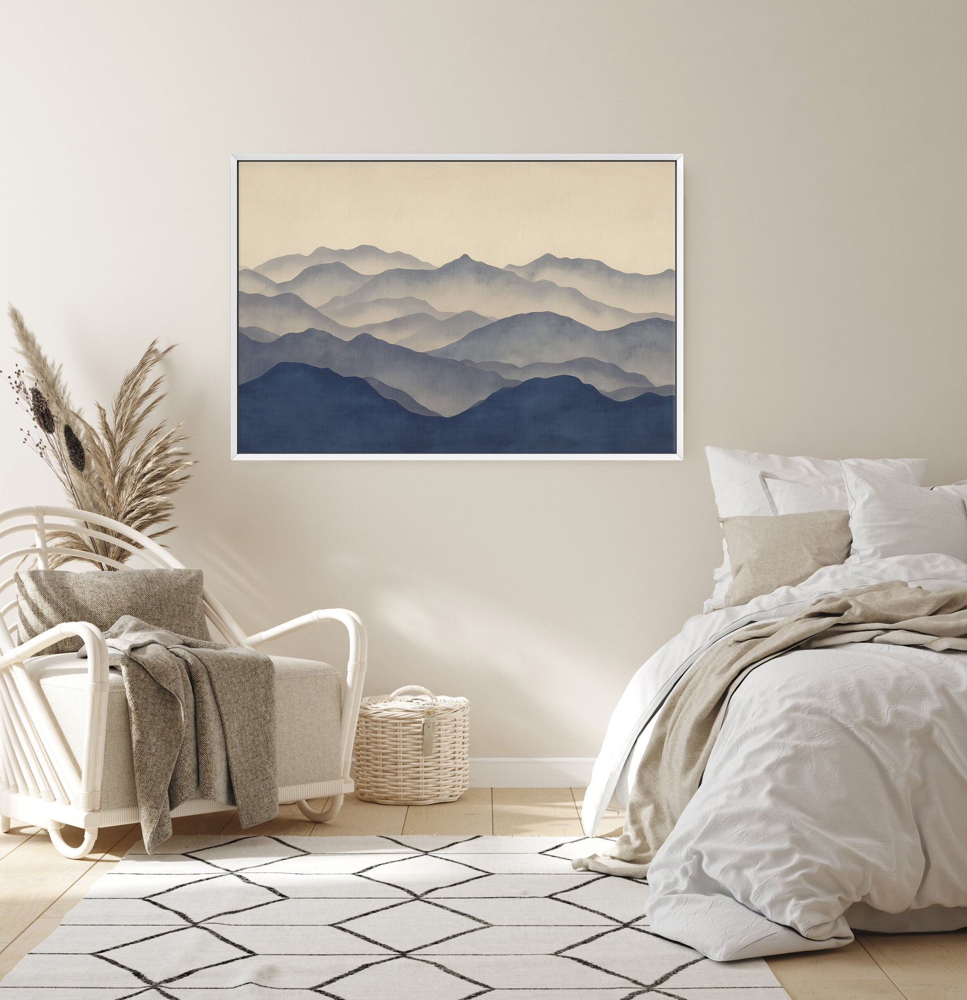 Veil Canvas Print of layered indigo and beige mountain silhouettes in minimalist bedroom setting