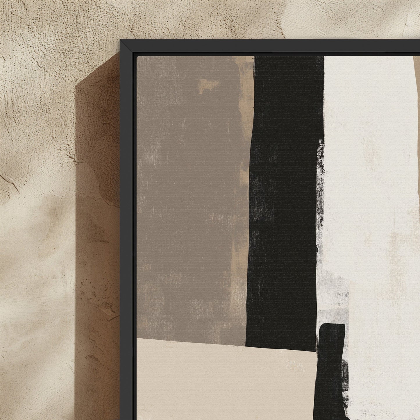Abstract 'Align' canvas print with layered neutral tones and black frame, minimalist modern art for earthy interiors.