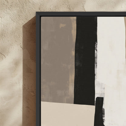 Abstract 'Align' canvas print with layered neutral tones and black frame, minimalist modern art for earthy interiors.