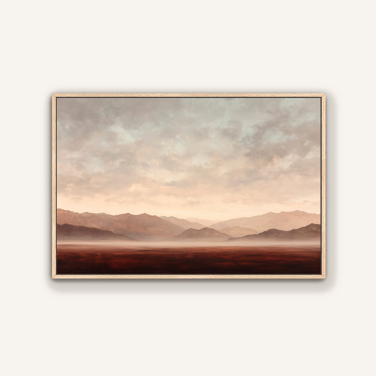 a serene landscape with mountains in the distance, a hazy sky, and a vast, open field.