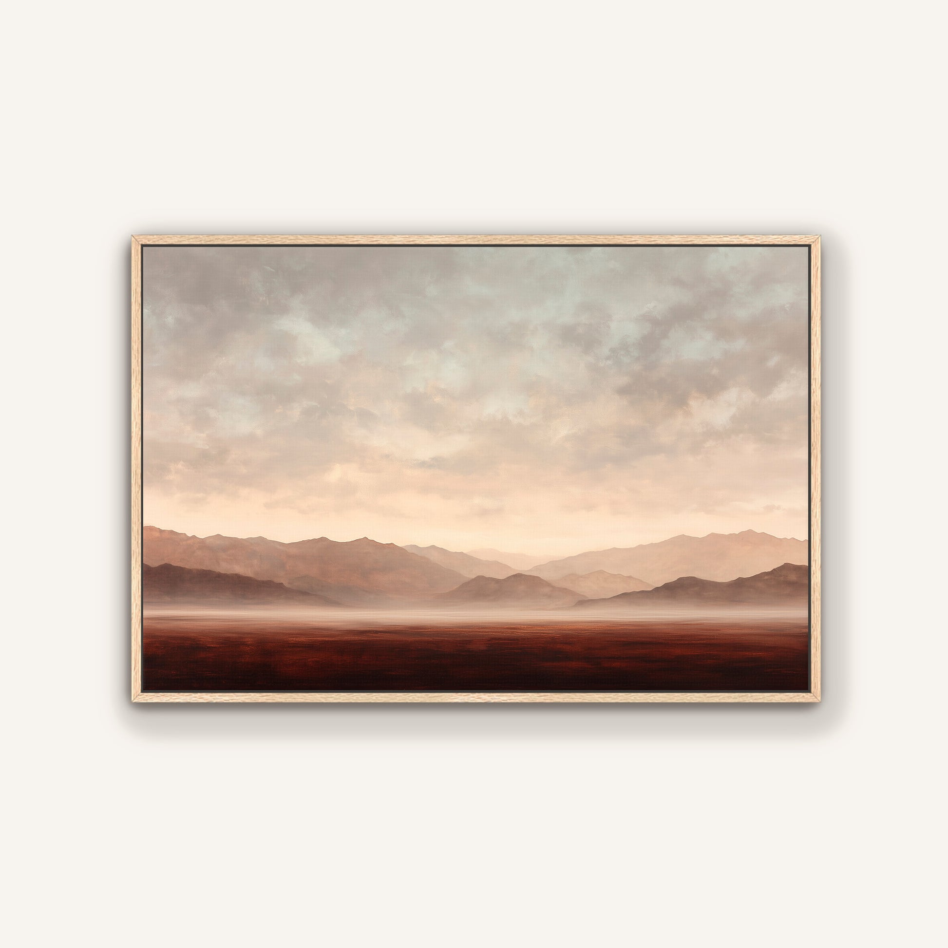 a serene landscape with mountains in the distance, a hazy sky, and a vast, open field.