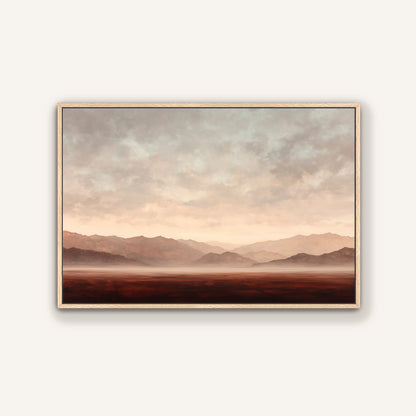 a serene landscape with mountains in the distance, a hazy sky, and a vast, open field.