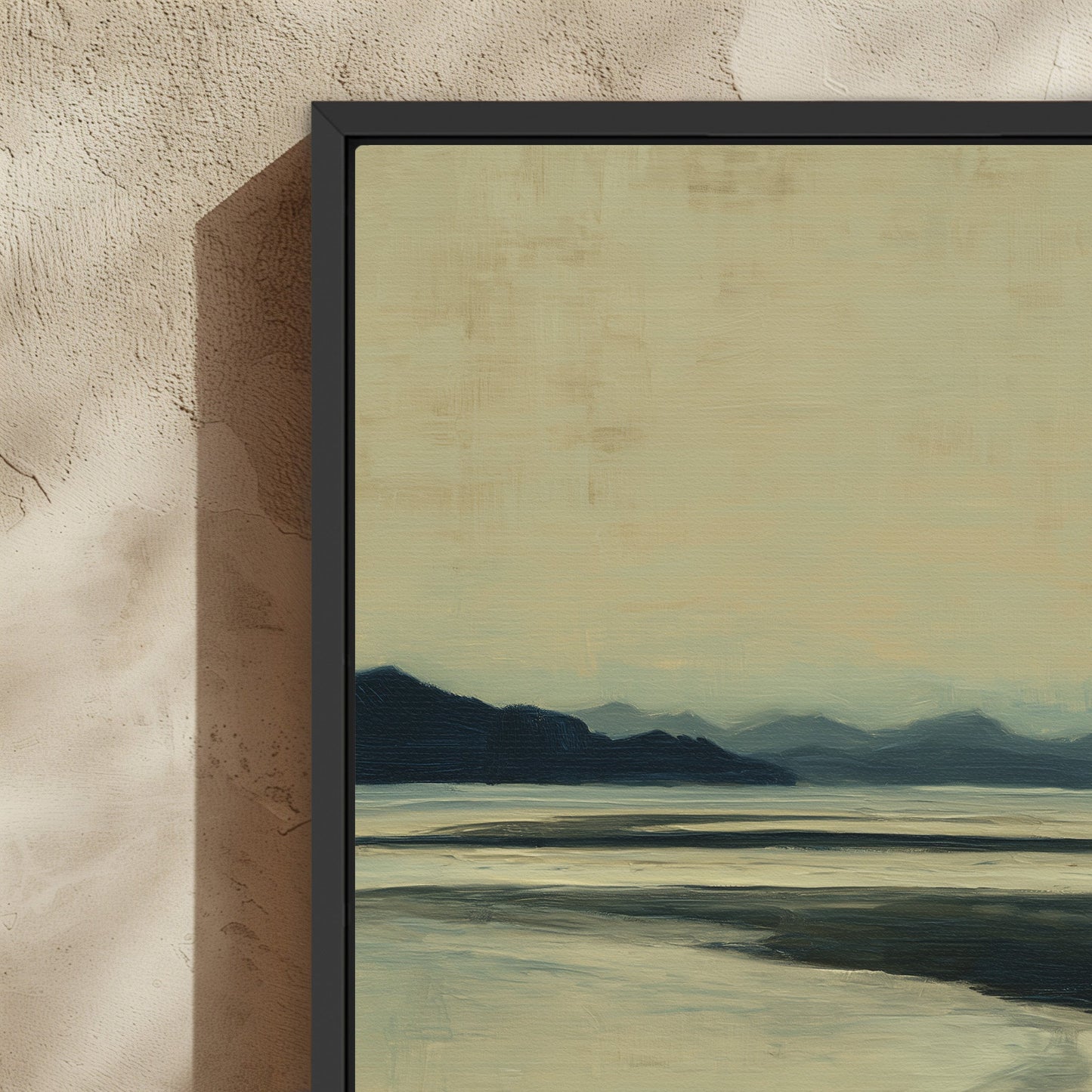 Echoes Canvas Print showing a serene shoreline scene in hazy blues and soft ochre tones in a sleek black frame
