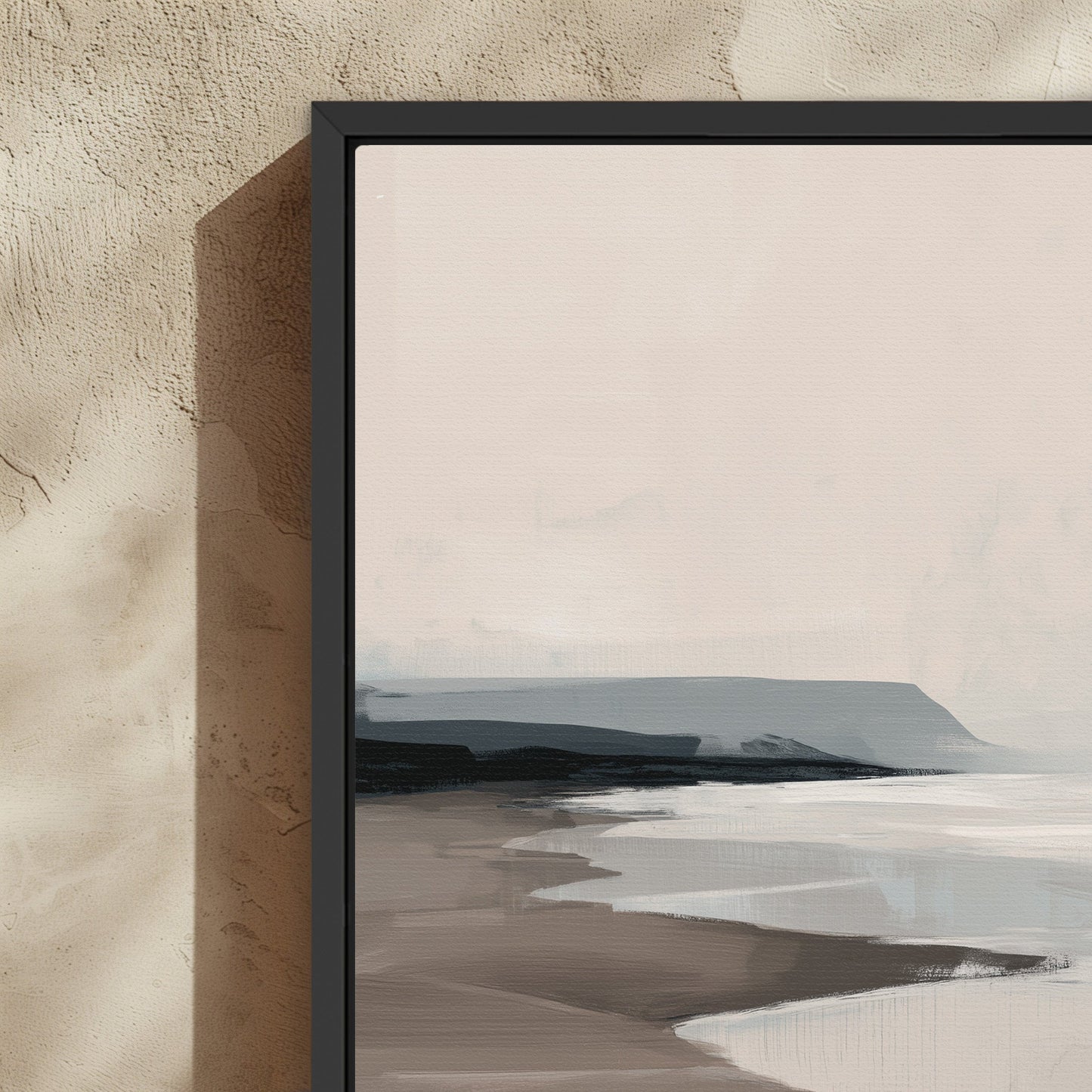 Mel Canvas Print coastal seascape art in soft beige and gray tones with black floating frame