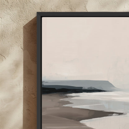 Mel Canvas Print coastal seascape art in soft beige and gray tones with black floating frame