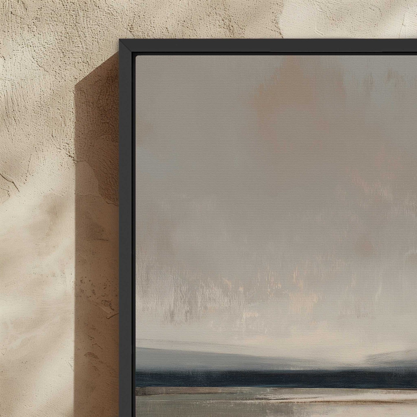 Vast canvas art with soft taupe, charcoal, and cream gradients in a black solid wood frame