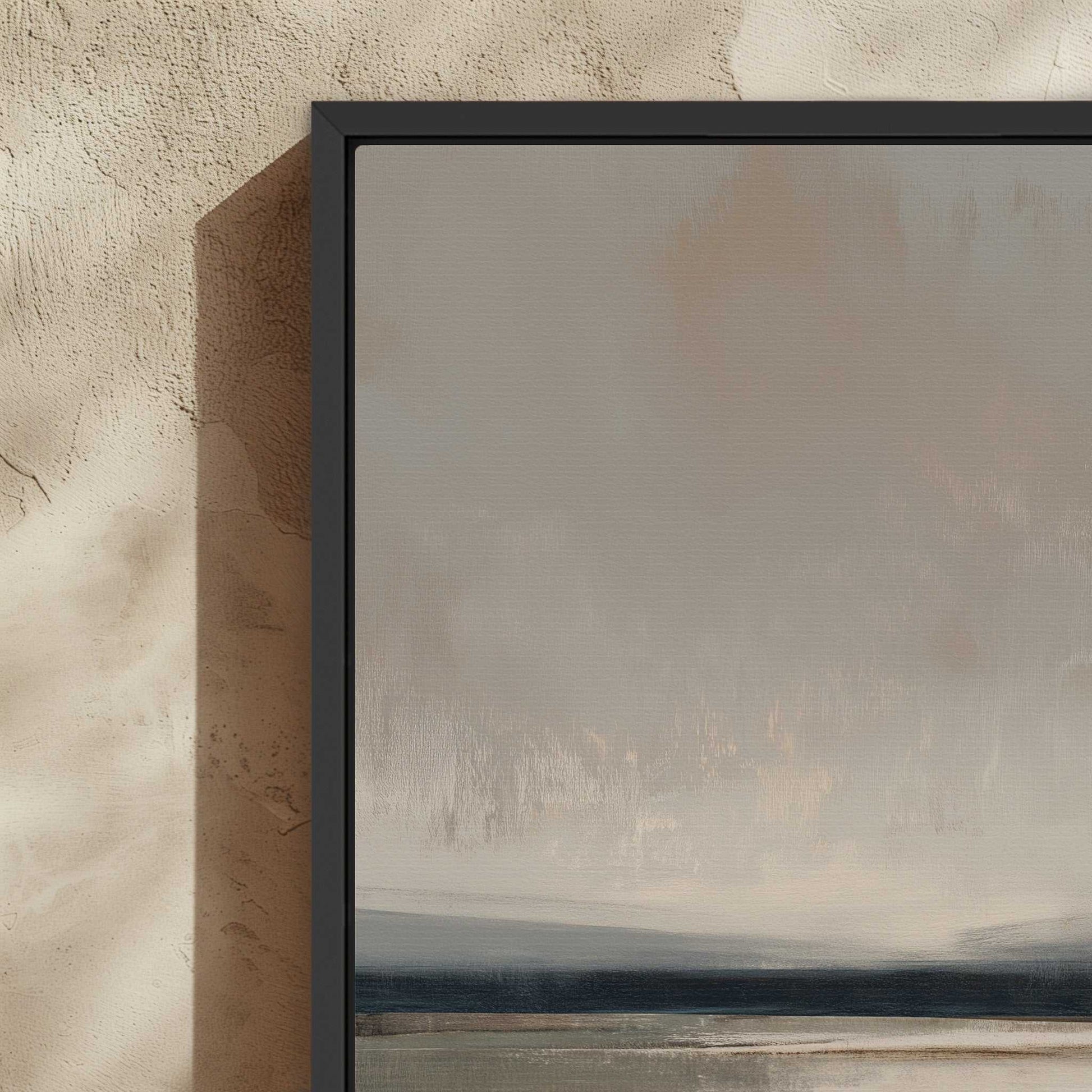 Vast canvas art with soft taupe, charcoal, and cream gradients in a black solid wood frame