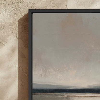 Vast canvas art with soft taupe, charcoal, and cream gradients in a black solid wood frame