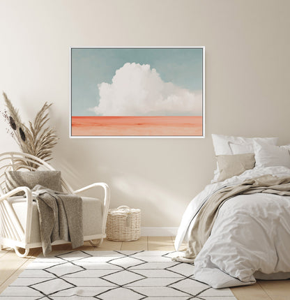 Aurea Canvas Wall Art with lone white cloud over coral horizon in minimalist bedroom setting