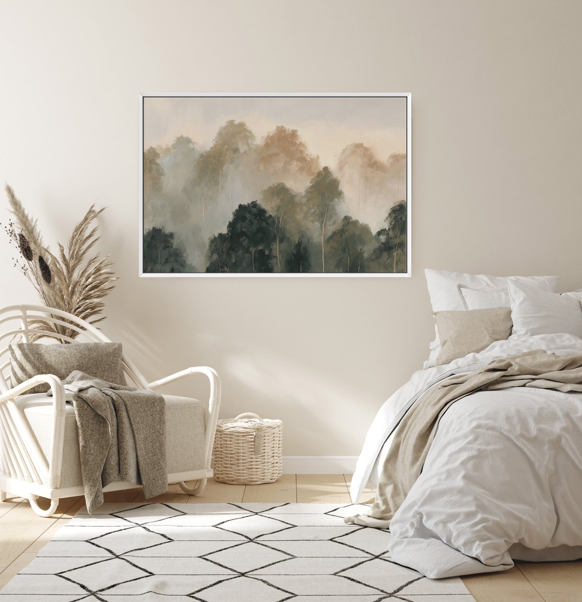 Fable Canvas Print of soft mist over layered treetops in muted olive and ivory tones in a serene bedroom setting