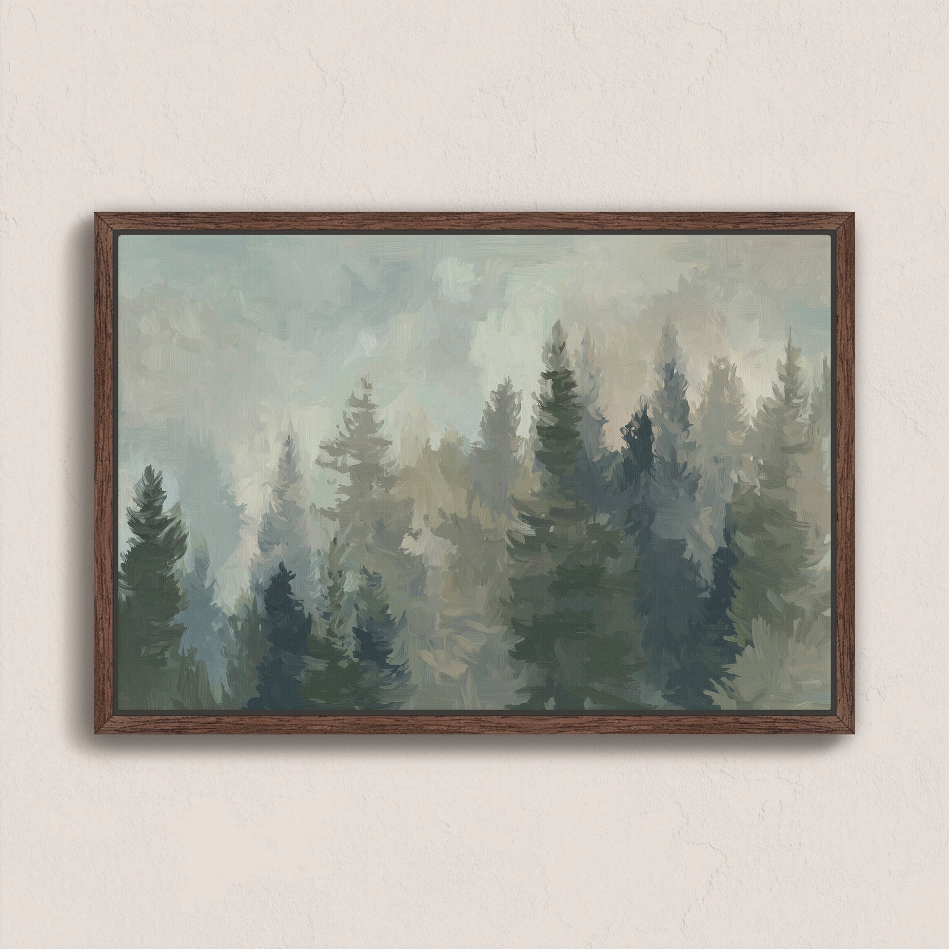 Ever Canvas Wall Art featuring misty pine forest in soft sage tones with wooden frame