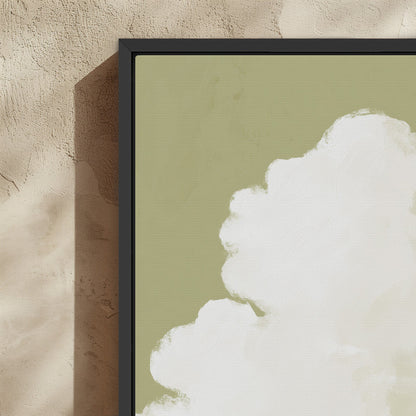 Rise Canvas Wall Art framed print featuring soft white cloud against muted sage background in modern black frame