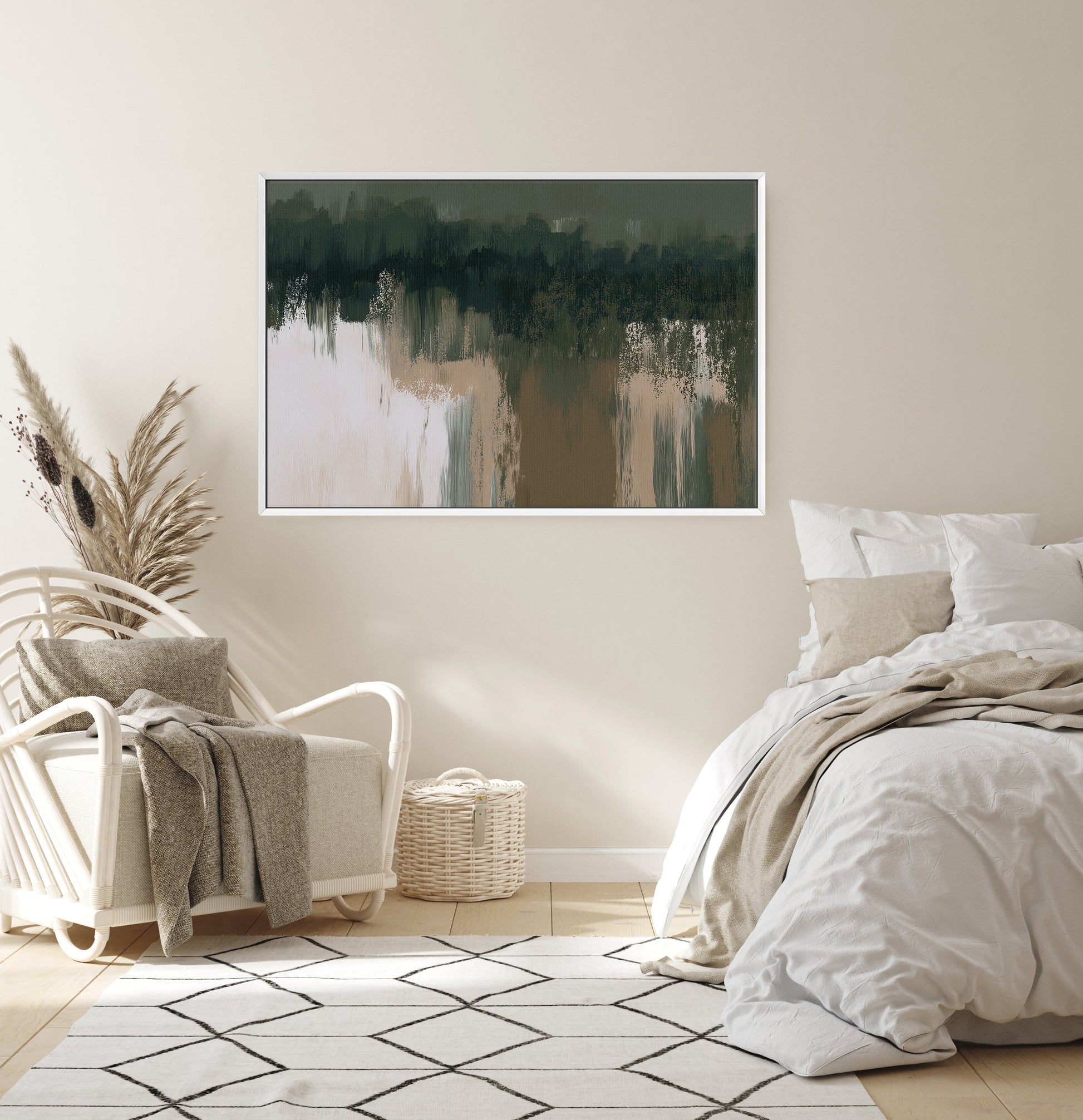 Forestline canvas print with abstract forest greens and taupe tones in a modern bedroom setting