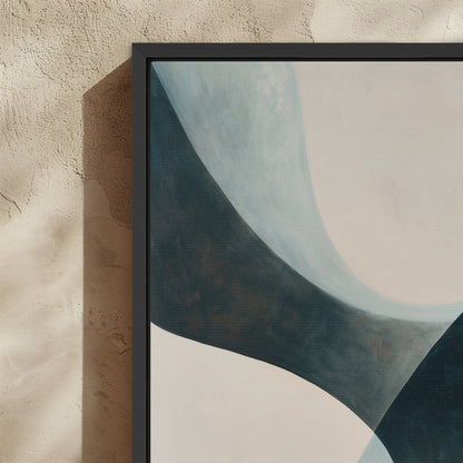Close-up of 'Bend' canvas artwork featuring soft teal and cream curves in a black frame on textured beige wall