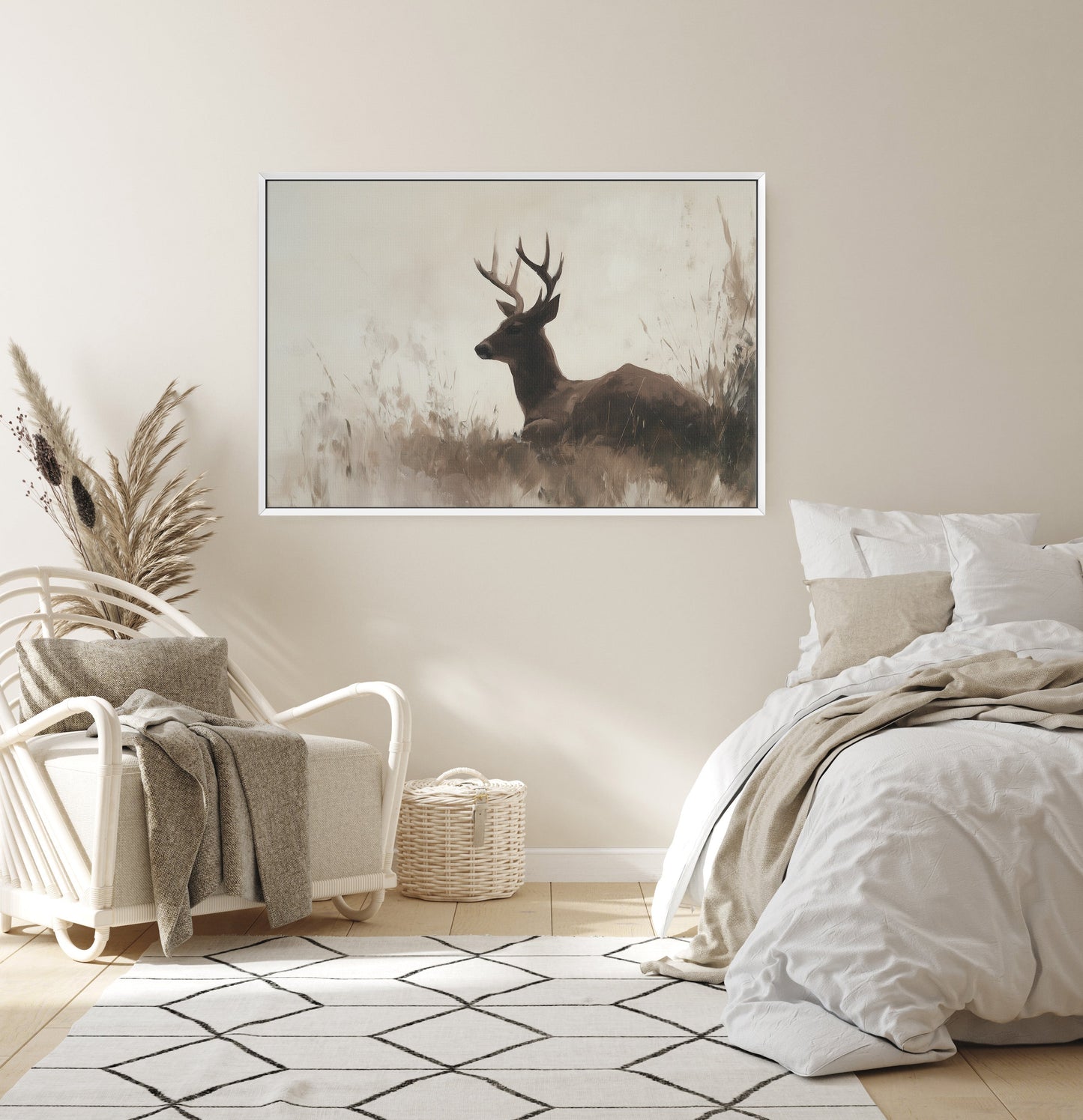 Haven Canvas Print of a resting deer in golden light with neutral tones in a cozy modern bedroom setting