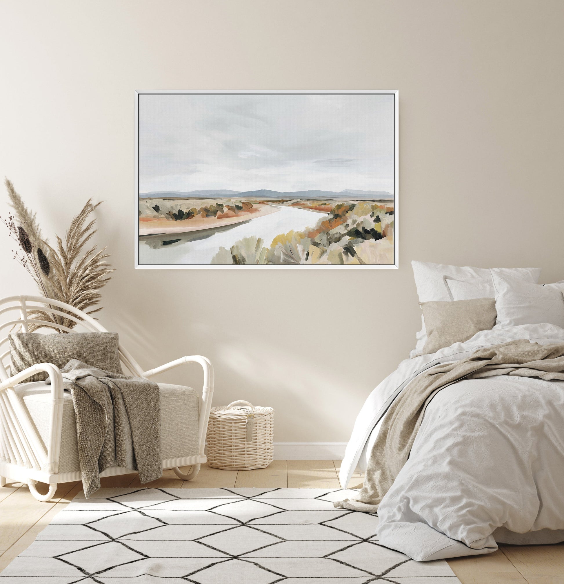 Modern desert landscape with flowing river and muted earth tones Mesa canvas print in minimal bedroom interior