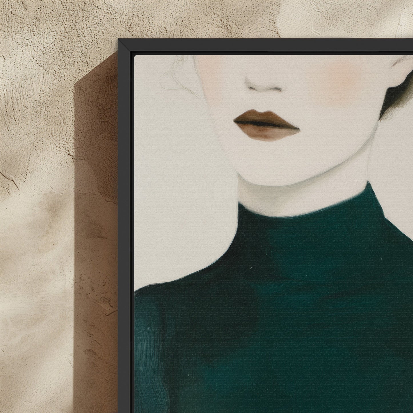 Close-up of Poise canvas print featuring faceless figure in deep emerald turtleneck with muted tones, framed in black wood.