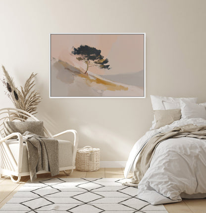 Minimalist Arbor Canvas Wall Art featuring a lone pine tree on a sunlit hillside in warm neutral tones, displayed in a cozy modern bedroom setting
