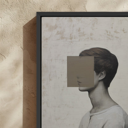 Masked canvas print featuring a minimalist portrait with a geometric mask and muted color palette in a black frame