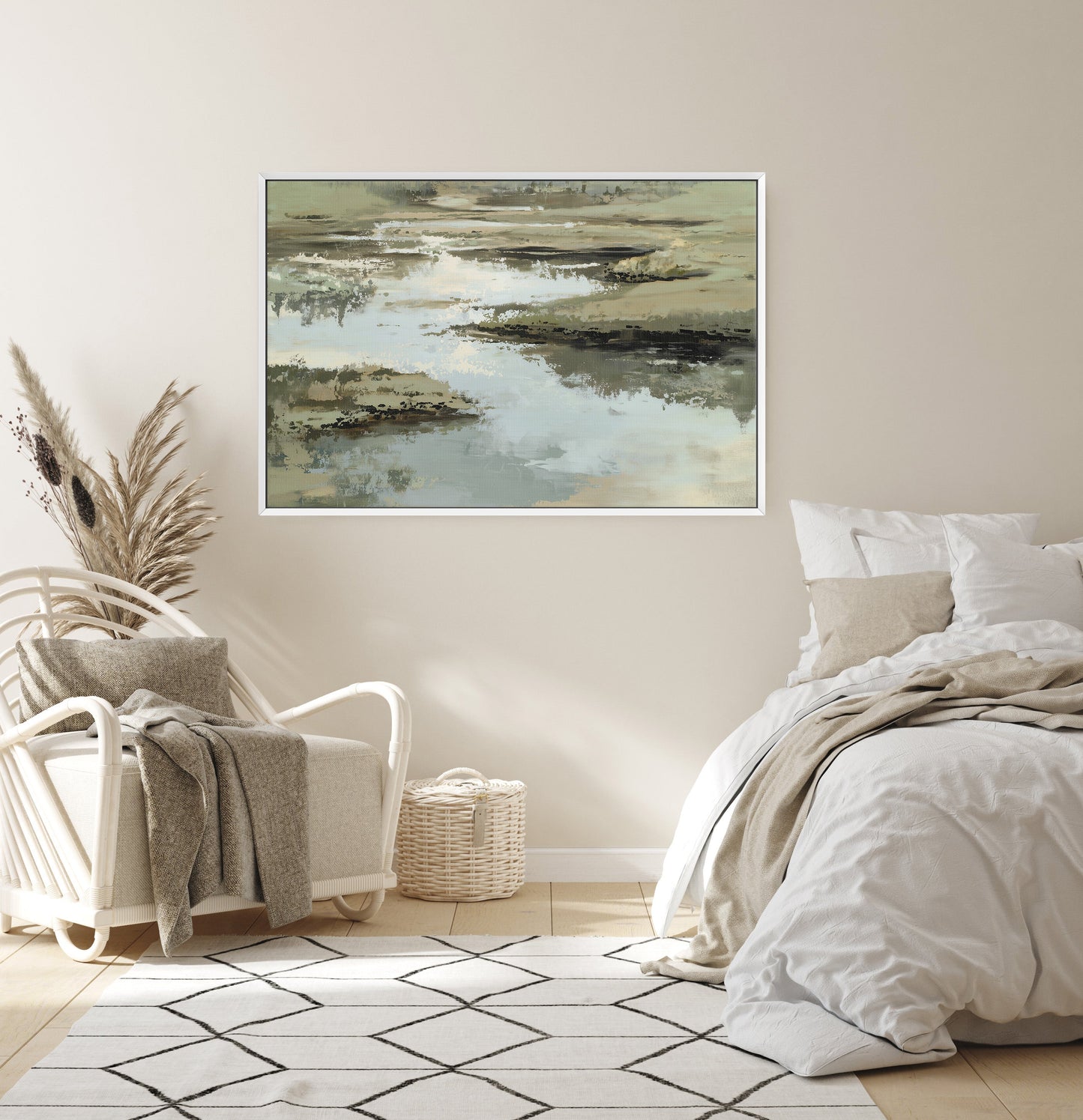 Reed canvas print featuring layered sage, sand, and ivory abstract design in a serene bedroom setting
