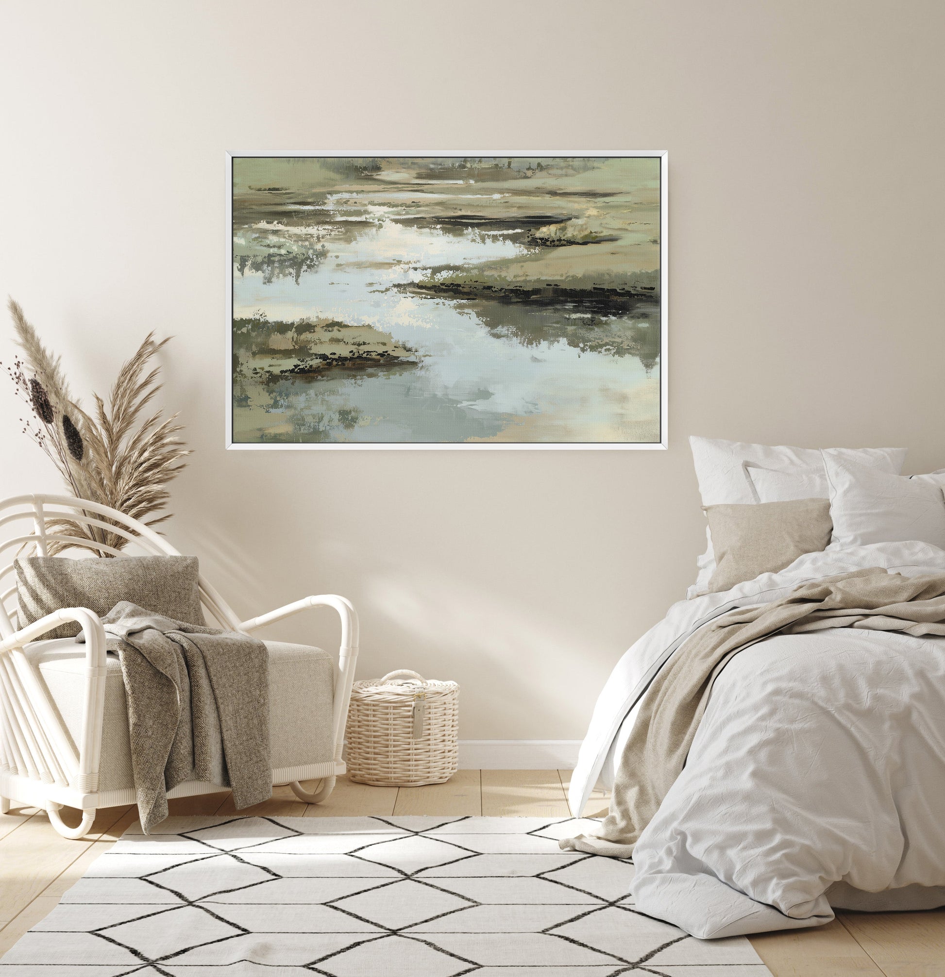 Reed canvas print featuring layered sage, sand, and ivory abstract design in a serene bedroom setting