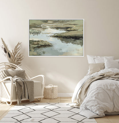 Reed canvas print featuring layered sage, sand, and ivory abstract design in a serene bedroom setting