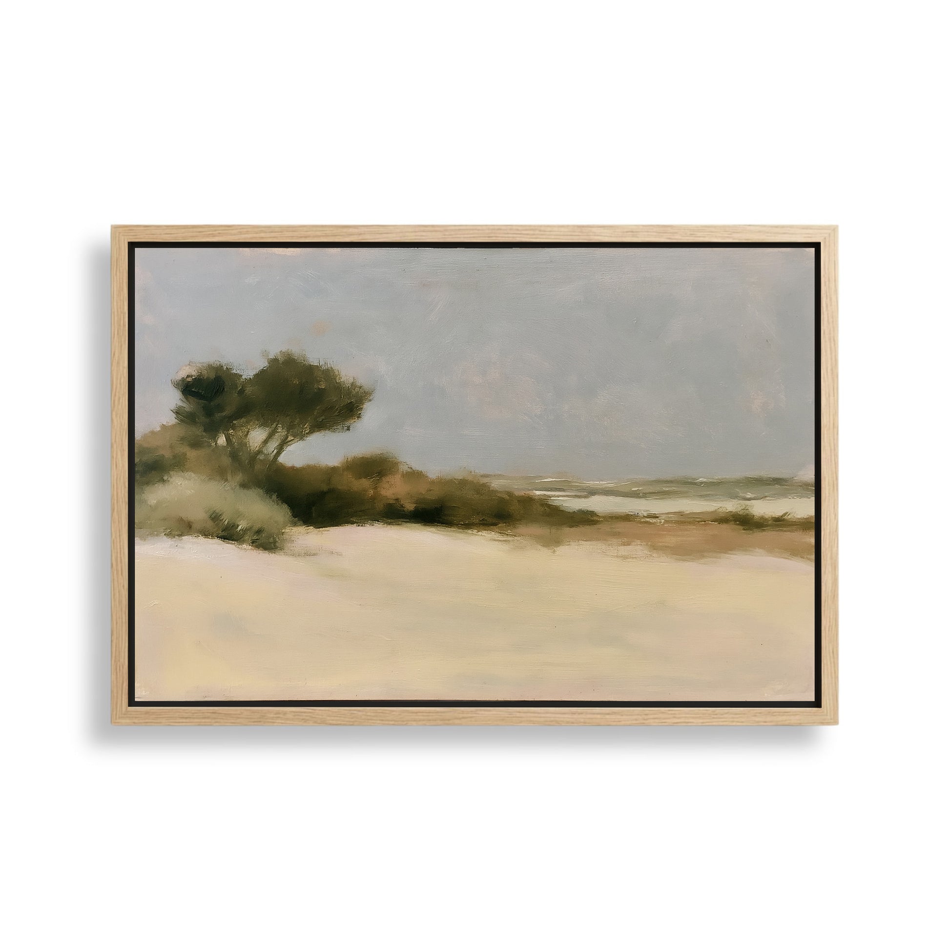 The image is a landscape painting depicting a serene beach scene with a sandy shore, trees, and a cloudy sky.