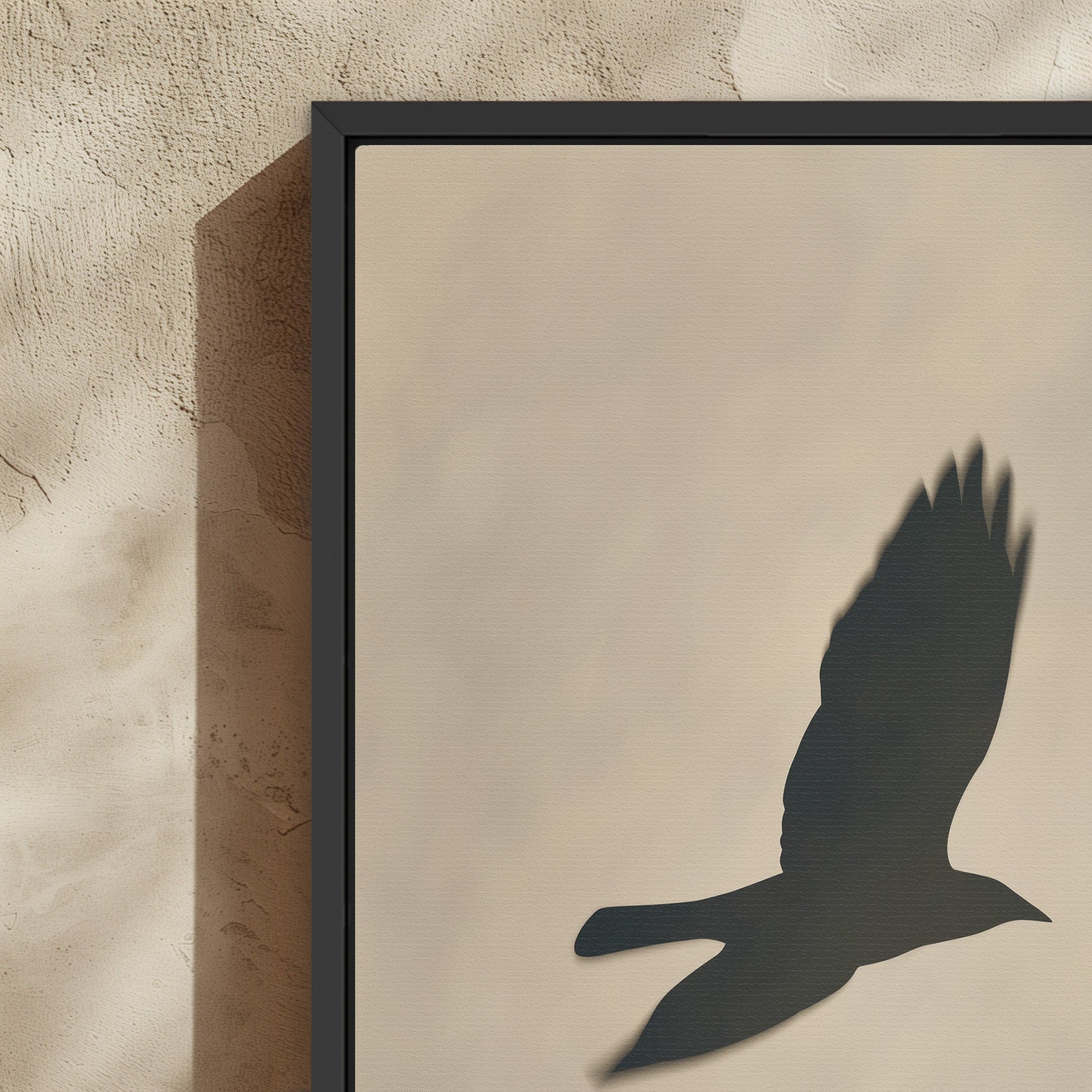 Minimalist Soar Canvas Print featuring bird silhouette in soft neutral tones with black frame, perfect for modern interiors.