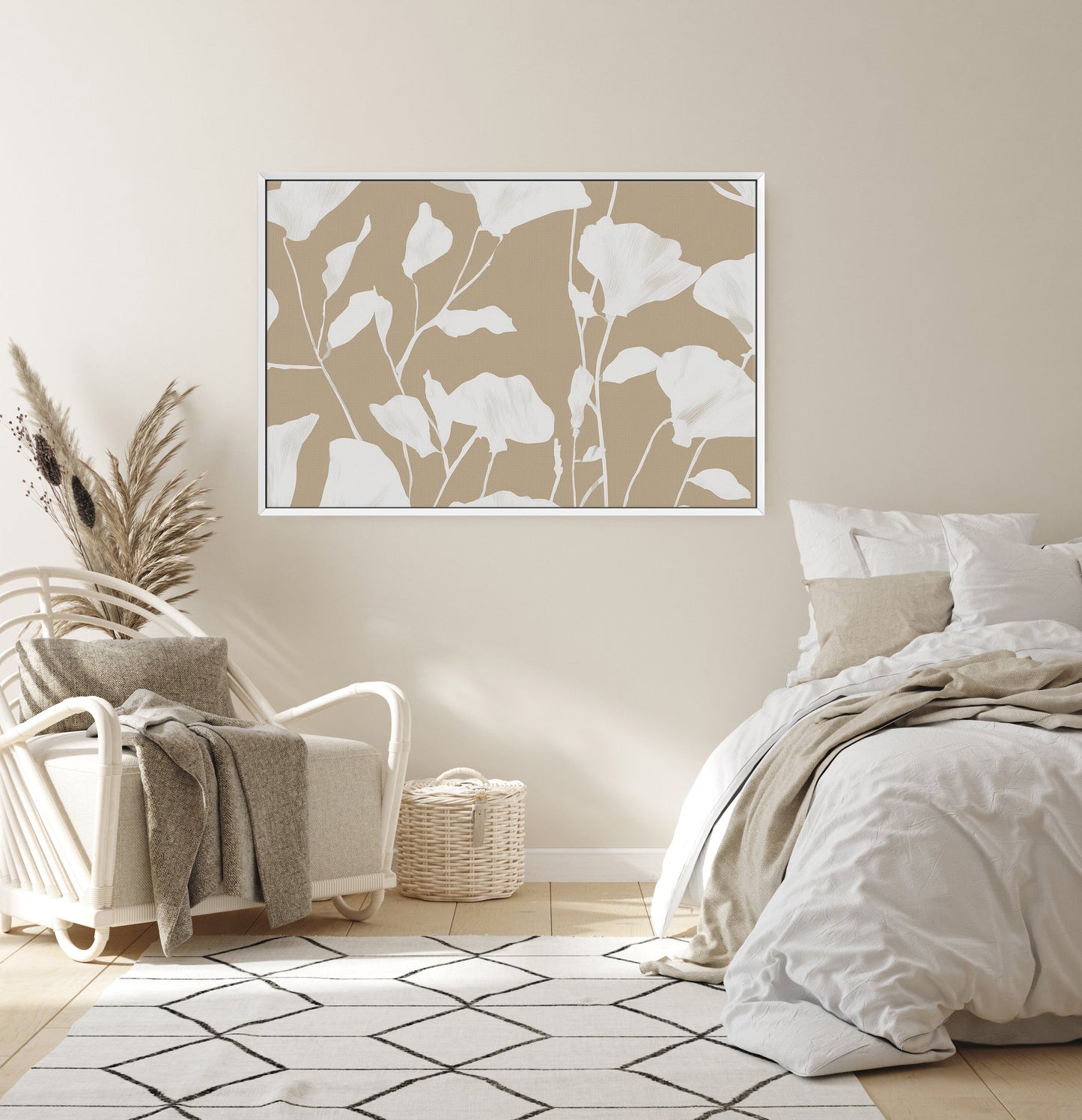 Driftleaf canvas print with white floral silhouettes on beige background in modern neutral bedroom decor