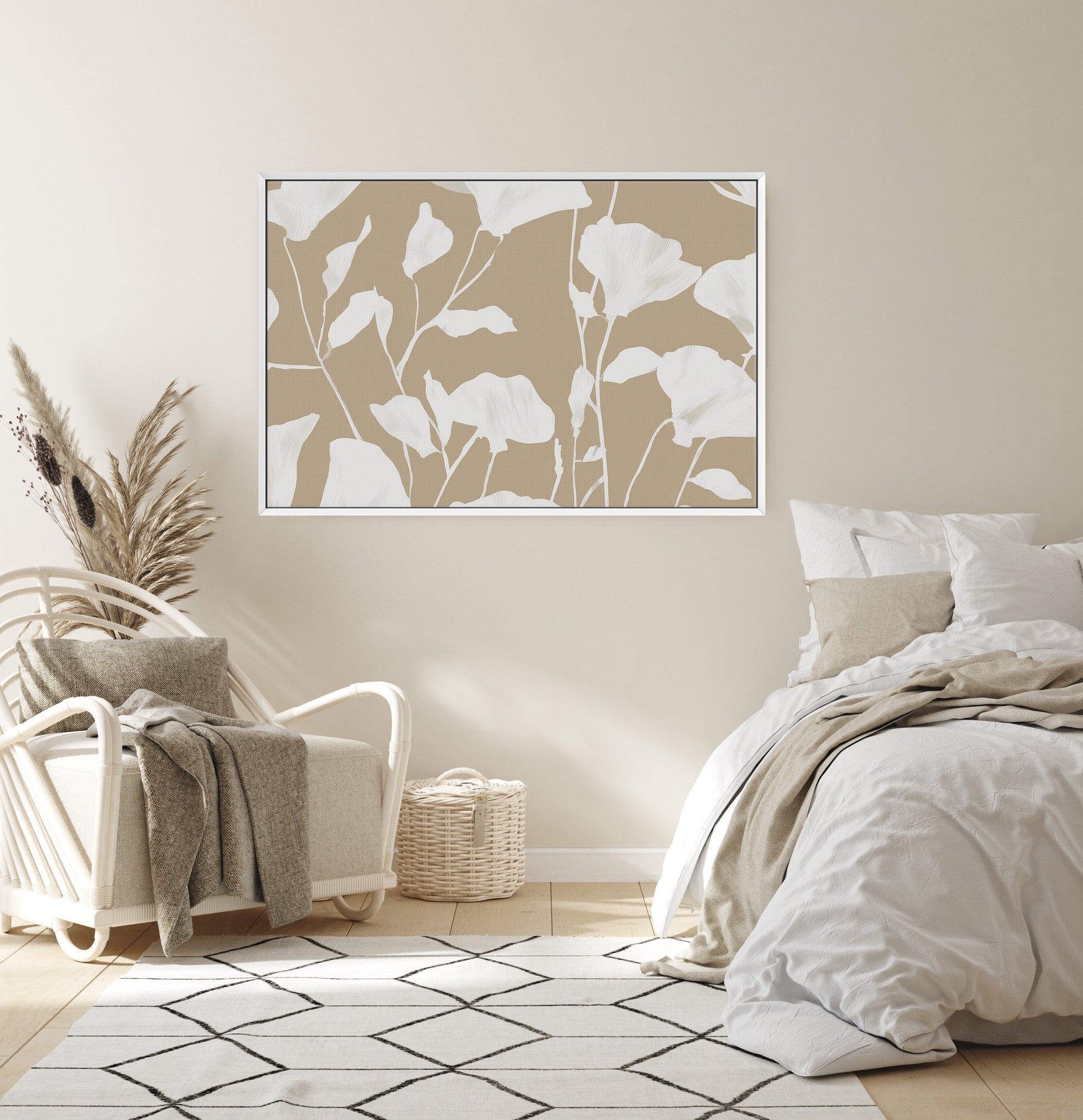 Driftleaf canvas print with white floral silhouettes on beige background in modern neutral bedroom decor
