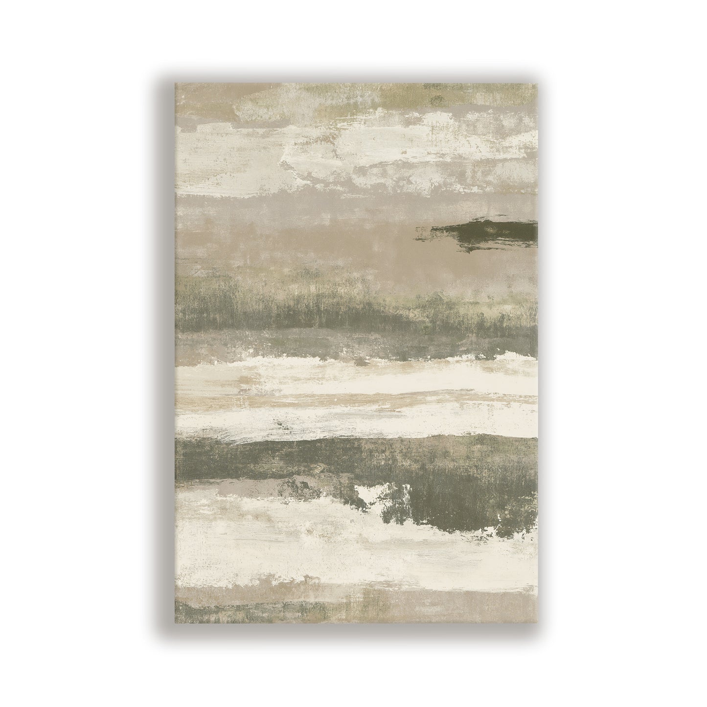 The image is a rectangular abstract painting with a textured, brushstroke-like appearance. The colors used are predominantly shades of gray and beige, creating a neutral and subdued atmosphere. The painting does not contain any discernible objects or specific actions, and it does not depict a scene or represent a photograph.