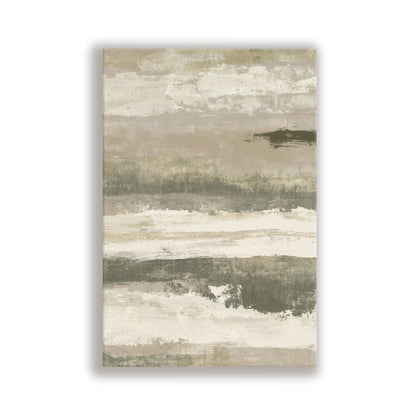 The image is a rectangular abstract painting with a textured, brushstroke-like appearance. The colors used are predominantly shades of gray and beige, creating a neutral and subdued atmosphere. The painting does not contain any discernible objects or specific actions, and it does not depict a scene or represent a photograph.