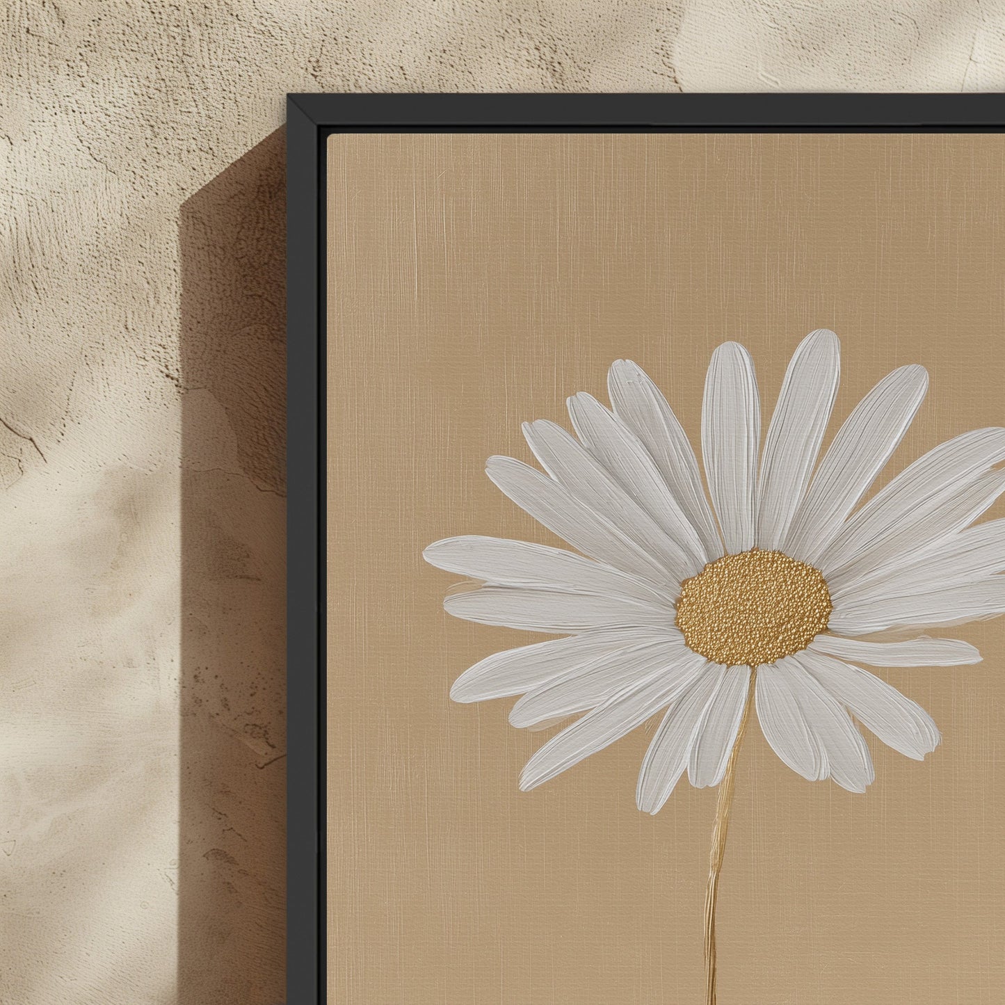 'Bloom' Canvas Print featuring a white daisy on golden-beige background with black frame