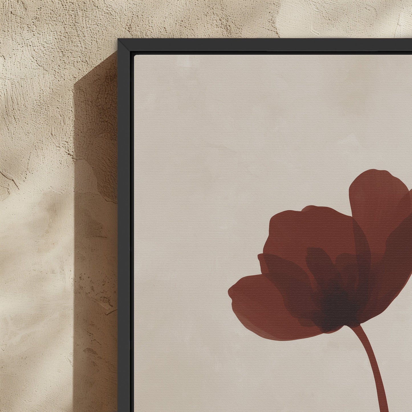 Minimalist Stem Canvas Print with burgundy flower on neutral background in black frame