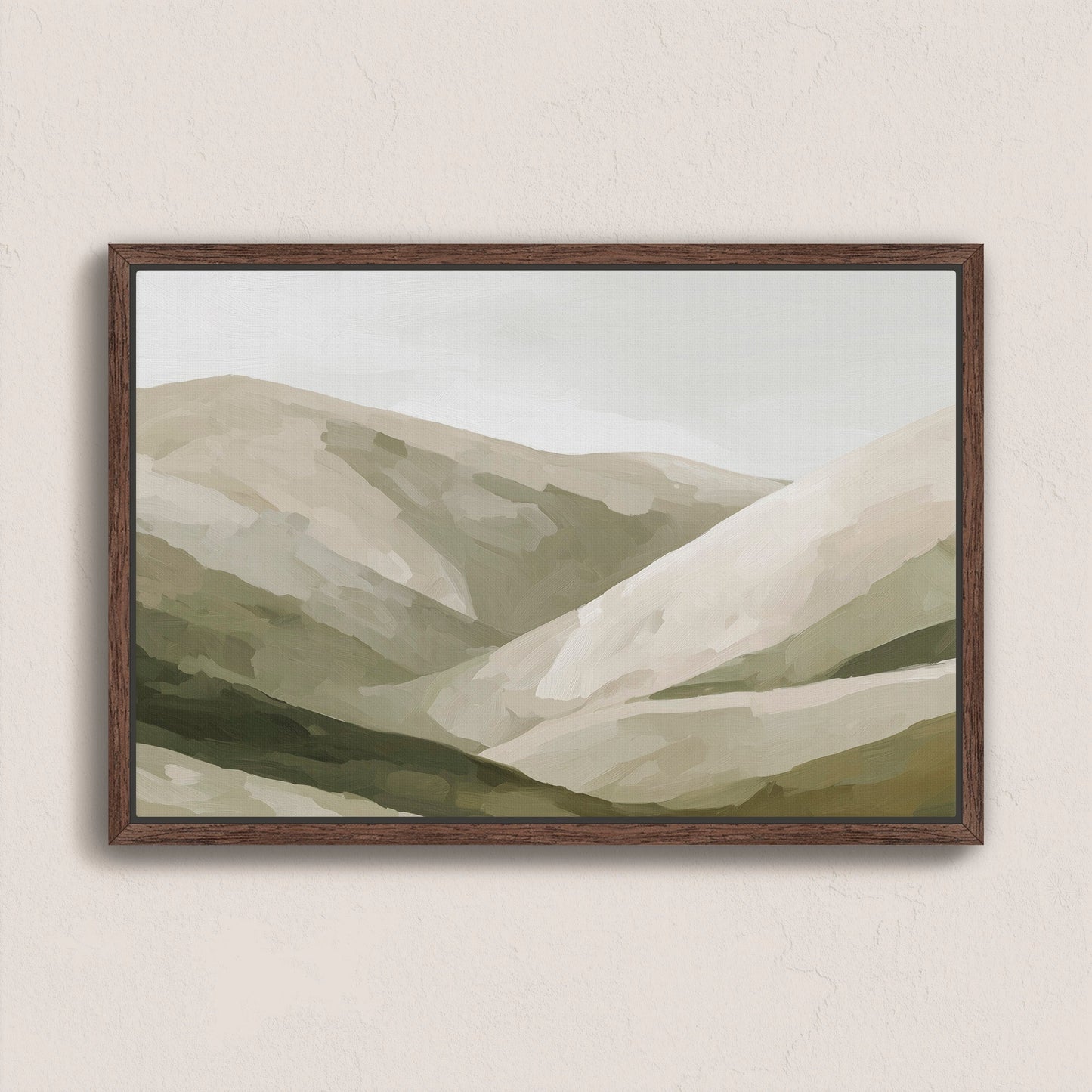 Framed canvas print of Olive Hills painting with soft olive, taupe, and sand tones depicting layered hills