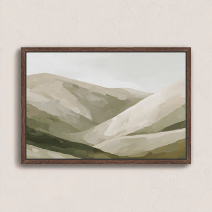 Framed canvas print of Olive Hills painting with soft olive, taupe, and sand tones depicting layered hills