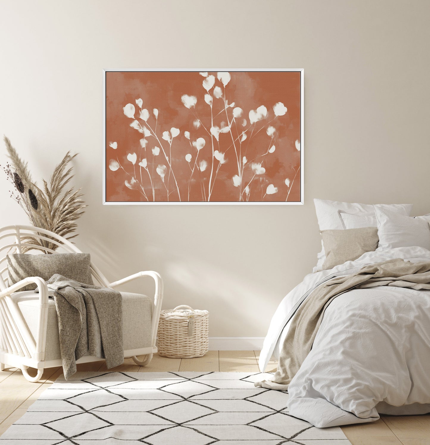 Ember canvas print with white petals on terracotta background in modern bedroom interior