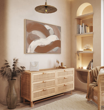 Abstract "Current" canvas print with taupe, ivory and sienna brushstrokes in a modern minimalist living room setting