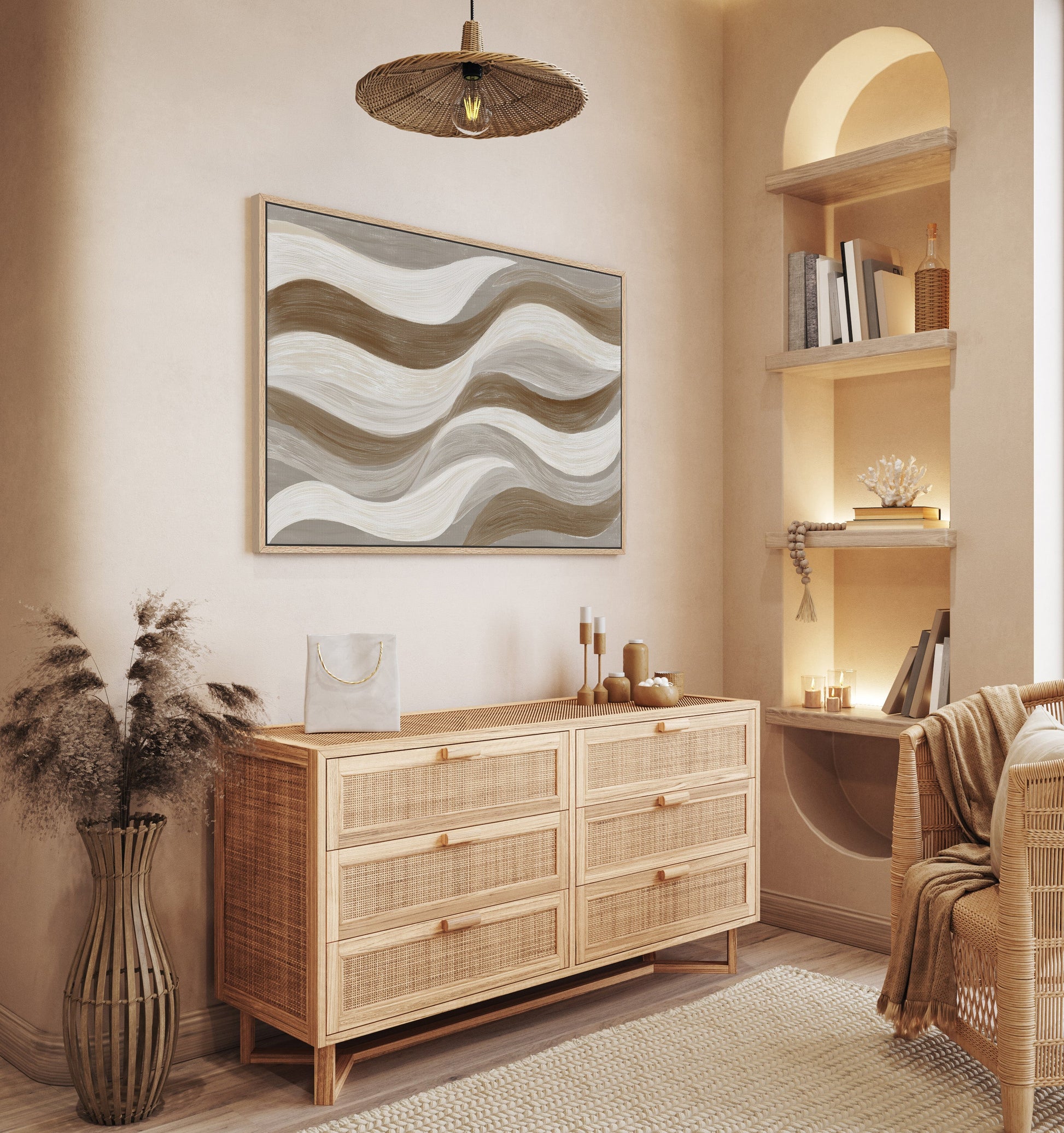 Abstract Flux Canvas Print with cream, taupe, and clay waves in a contemporary neutral living room setting