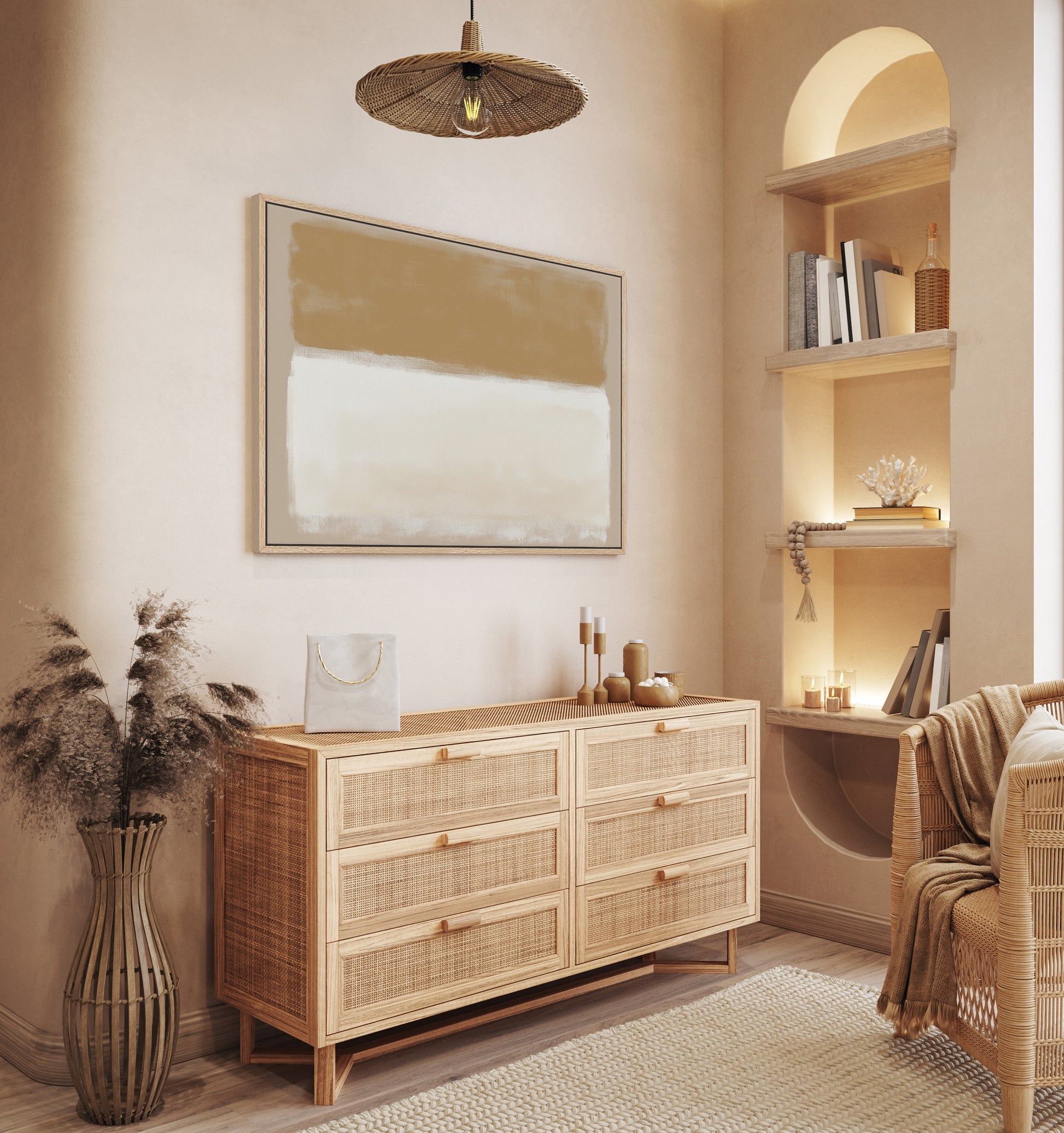 Sienna Canvas Print warm golden ivory abstract artwork in cozy modern living room with wooden dresser and shelves