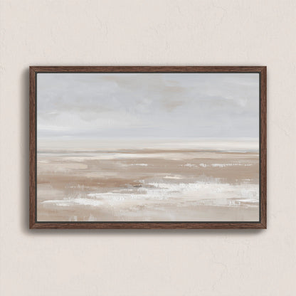 Barren canvas print minimalist landscape in taupe, cream, and sand with wooden frame for modern interiors