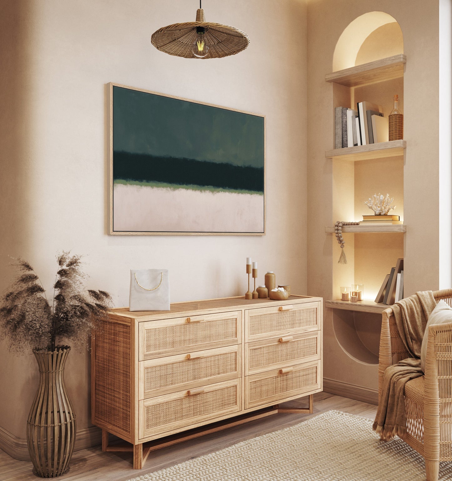 Minimalist Shade canvas print with olive and neutral tones in modern natural interior