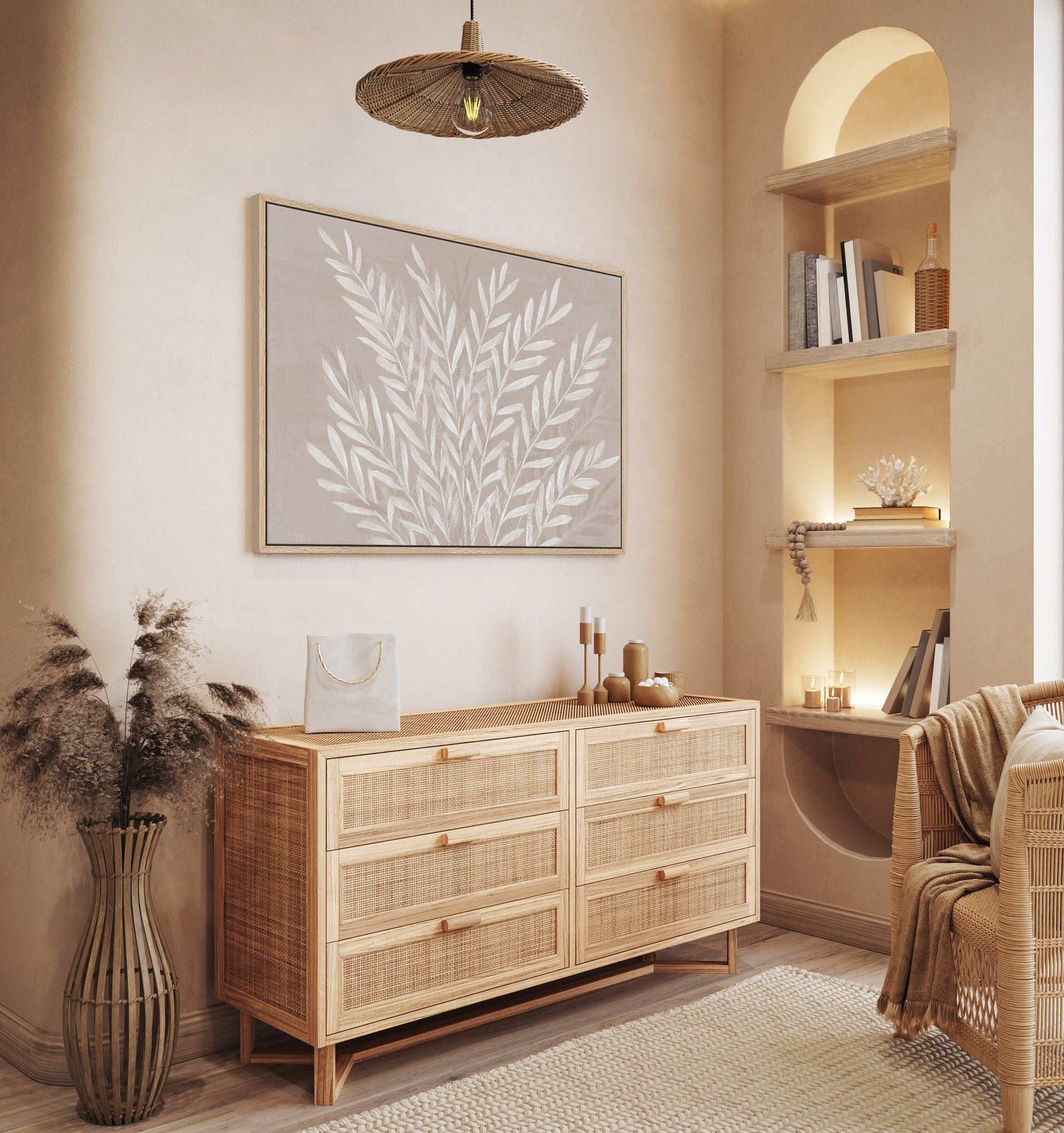 Whisper Canvas Print with ivory leaf design on taupe background in minimalist natural room setting