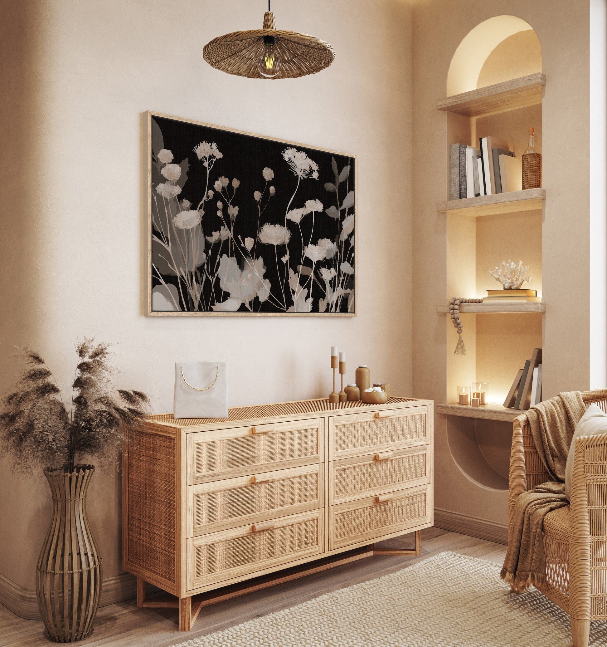 Shadow Bloom canvas art featuring delicate neutral wildflowers on a deep black background in a modern minimalist living room