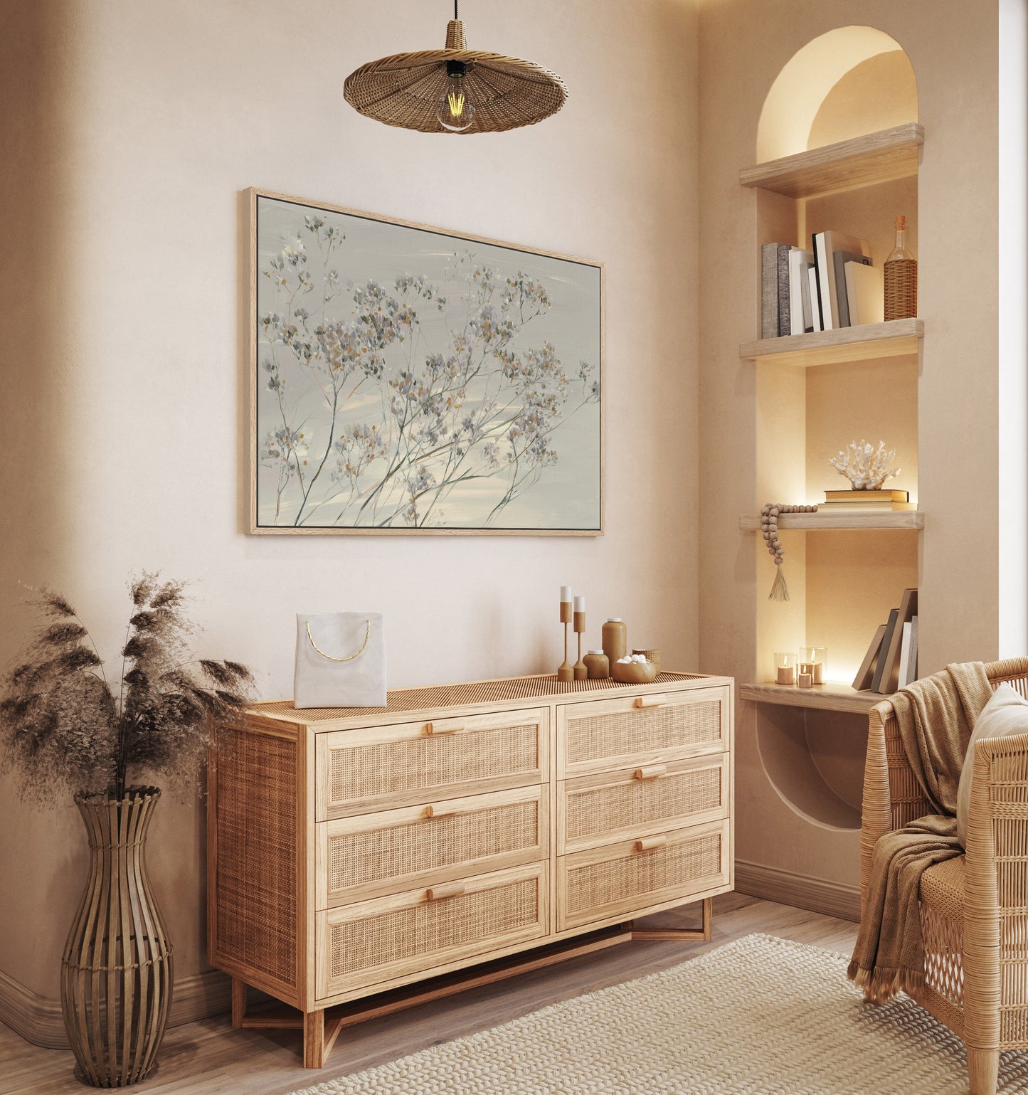 Breeze Wall Art featuring delicate wildflowers in muted tones, framed on canvas, perfect for serene modern interiors.