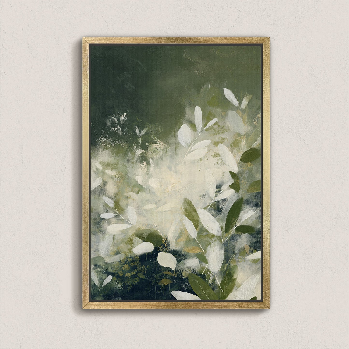 Verdure Canvas Wall Art featuring soft ivory leaves and deep green botanical abstraction in a natural wood frame