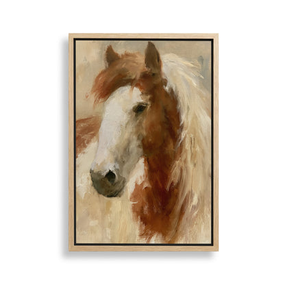 The image is a painting of a horse's head, featuring a close-up view of the horse's face with a mix of brown and white colors.